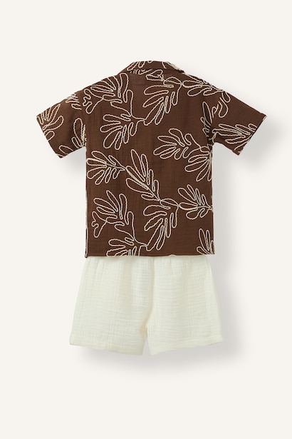 Baby Boy 2 piece Regular Fit Brown Embroidered Set