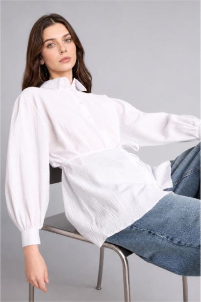 Relaxed Fit Uzun Kollu Kırışık Dokulu Tunik