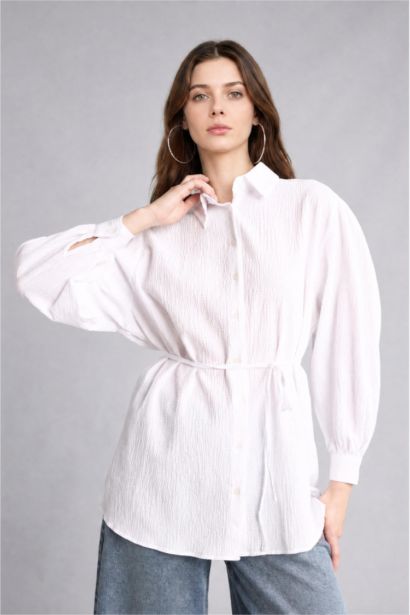 Relaxed Fit Uzun Kollu Kırışık Dokulu Tunik