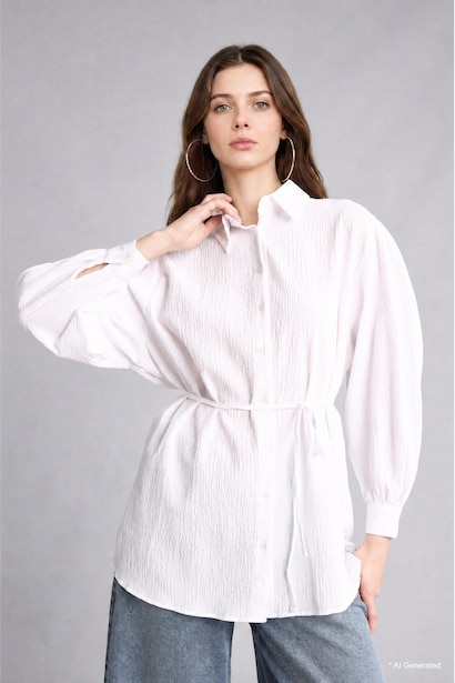 Relaxed Fit Uzun Kollu Kırışık Dokulu Tunik