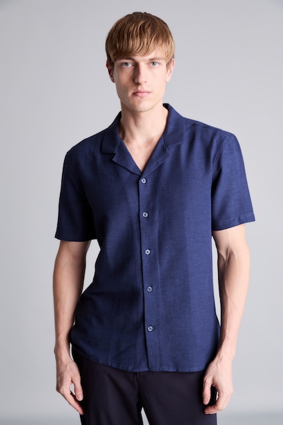 Modern Fit Polo Collar Linen Blend Shirt