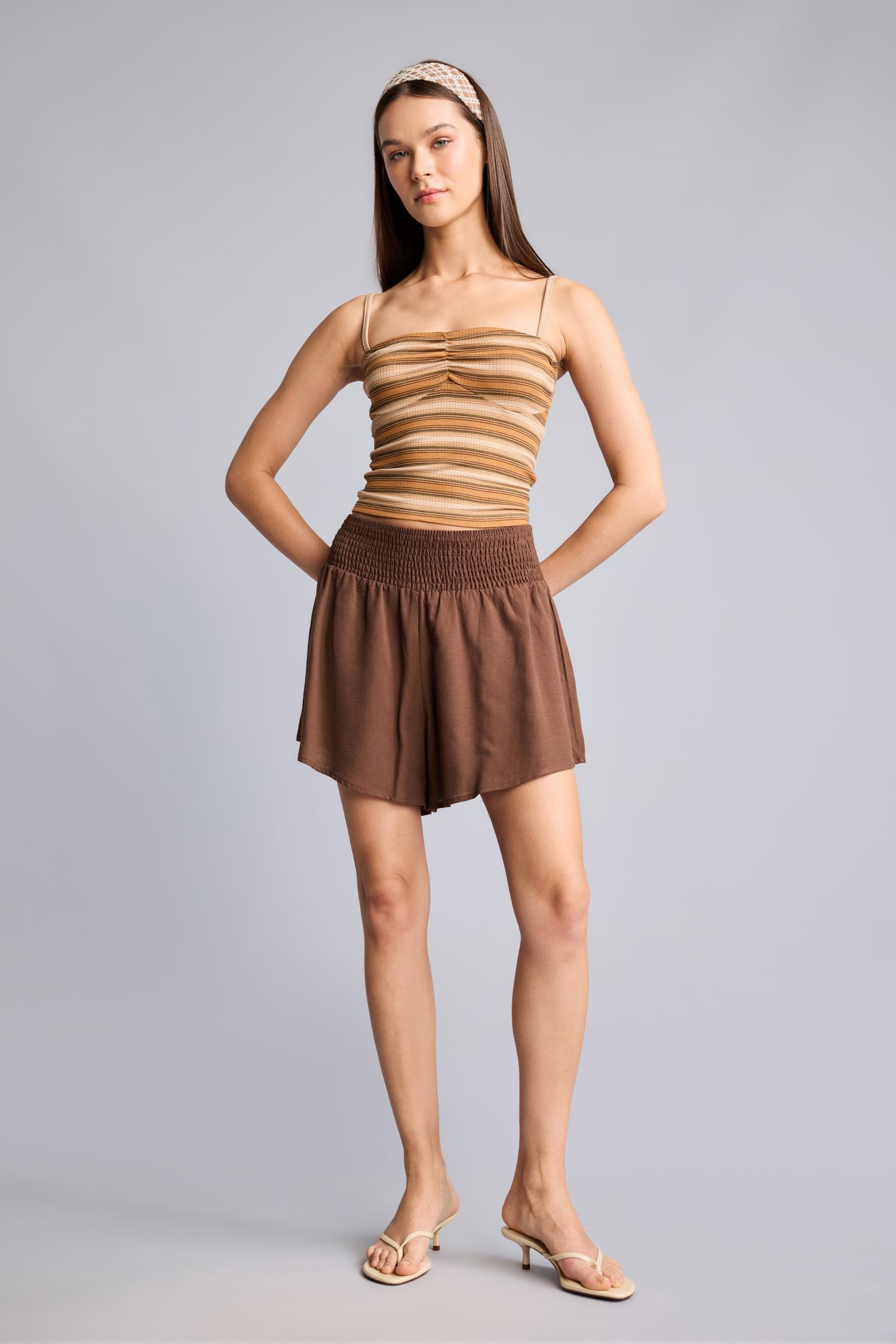 Normal Waist Brown Linen Blend Shorts