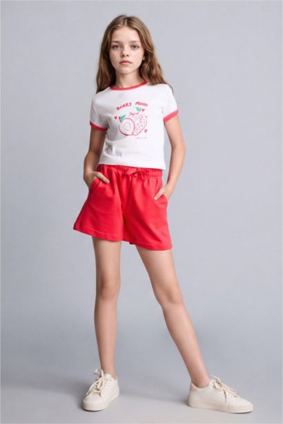 Girl Strawberry Print T-Shirt Shorts Ribbed 2 Piece Set