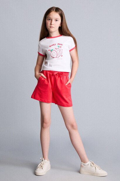 Girl Strawberry Print T-Shirt Shorts Ribbed 2 Piece Set