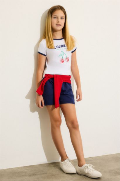 Girl Cherry Print T-Shirt Shorts Ribbed 2 Piece Set