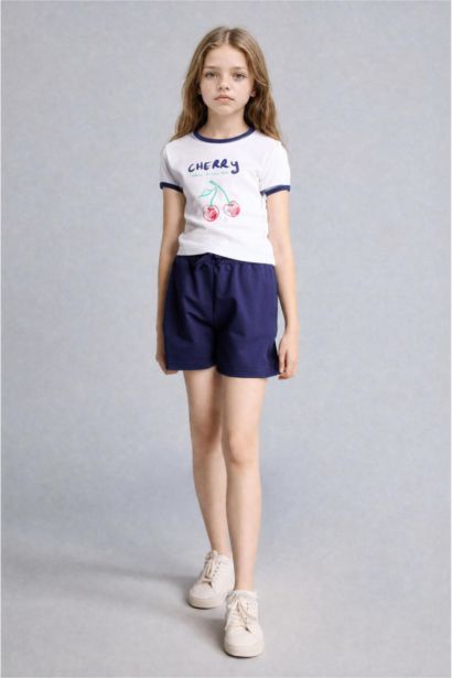 Girl Cherry Print T-Shirt Shorts Ribbed 2 Piece Set