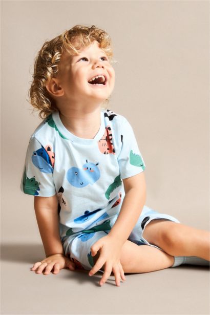 Pyjama 2 pièces bleu clair à motif animalier 100% coton pour bébé garçon