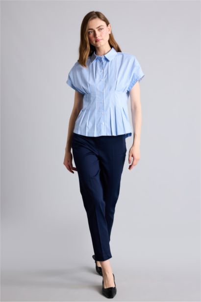 Fitted Kısa Kollu Poplin Çizgili Gömlek