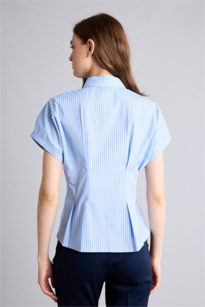 Fitted Kısa Kollu Poplin Çizgili Gömlek