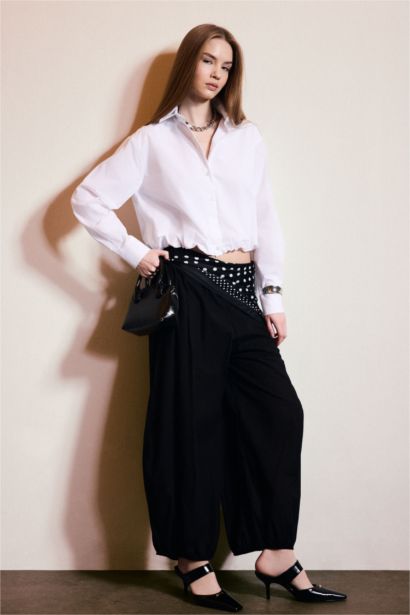 Balloon Fit Regular Hem With Pockets Voile Trousers