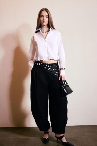 Balloon Fit Regular Hem With Pockets Voile Trousers