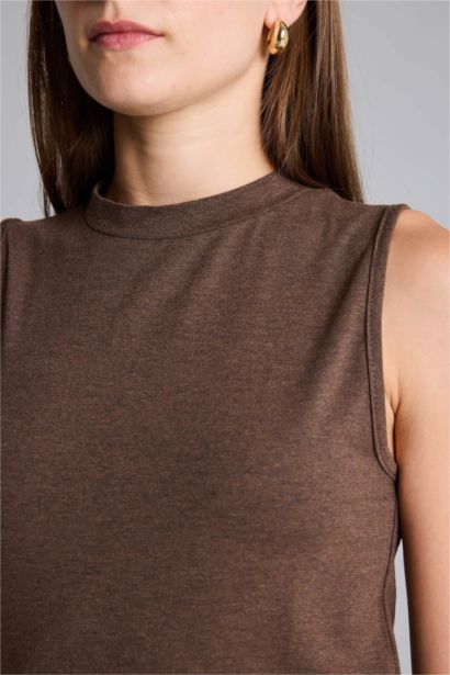 Slim Fit Half Turtleneck Jersey Brown Blouse