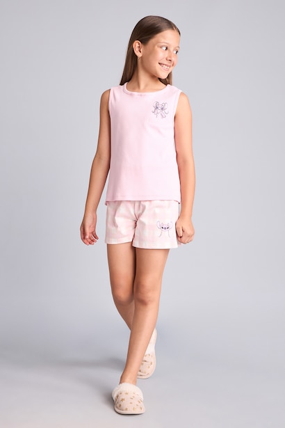 Pyjama 2 pièces rose clair avec Short côtelé Lilo & Stitch pour fille