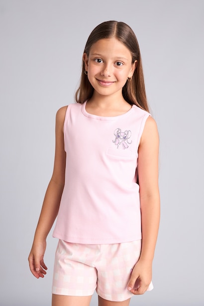 Pyjama 2 pièces rose clair avec Short côtelé Lilo & Stitch pour fille