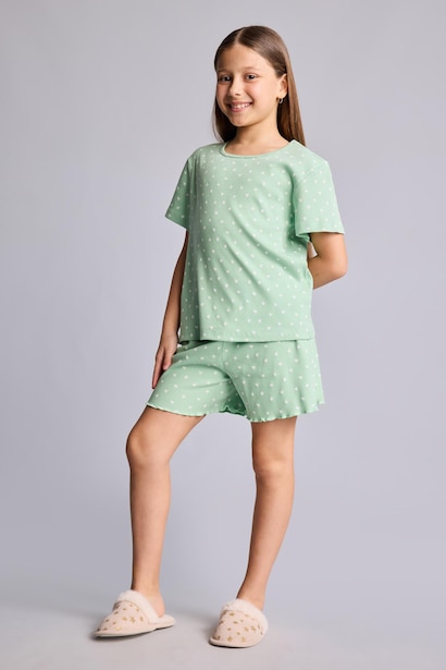 Girl Regular Fit Polka Dot Ribbed 2 Piece Pajama Set
