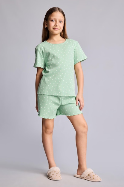 Girl Regular Fit Polka Dot Ribbed 2 Piece Pajama Set
