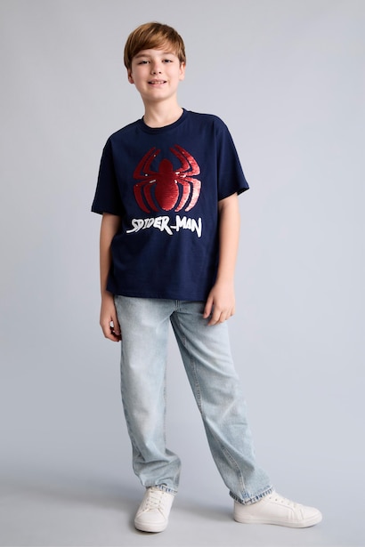 %100 Pamuk Çift Yönlü Payetli Marvel Spıderman Tişört Erkek Çocuk
