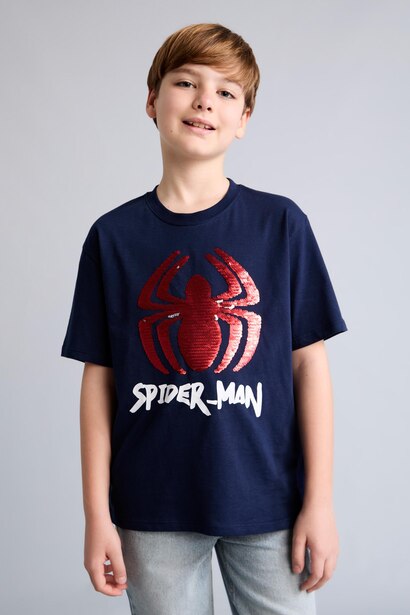 %100 Pamuk Çift Yönlü Payetli Marvel Spıderman Tişört Erkek Çocuk