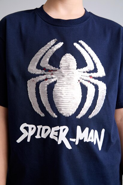 %100 Pamuk Çift Yönlü Payetli Marvel Spıderman Tişört Erkek Çocuk