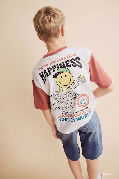 Boy Smiley World Oversize Back Print Short Sleeve Ecru T-Shirt