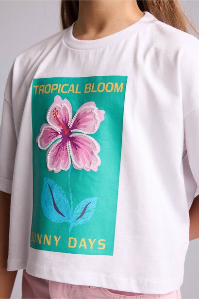 Girl Floral Print Short Sleeve White T-Shirt