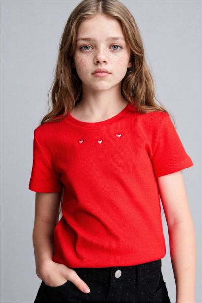 T-shirt côtelé à col rond et manches courtes Coupe régulière pour fille