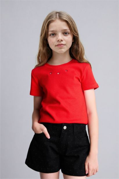 T-shirt côtelé à col rond et manches courtes Coupe régulière pour fille