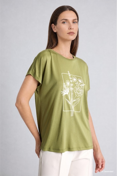 Crew Neck Floral Olive Green T-Shirt