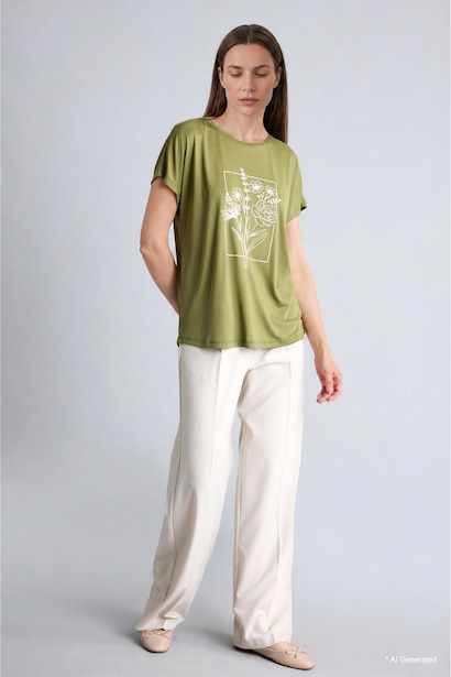 Crew Neck Floral Olive Green T-Shirt