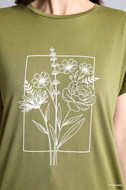 Crew Neck Floral Olive Green T-Shirt