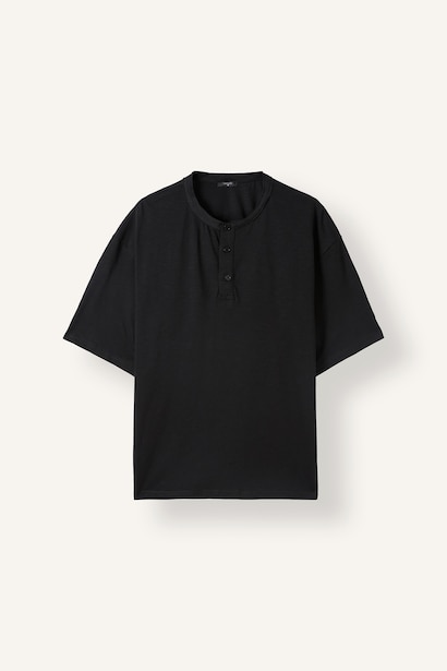 Boxy Fit 100% Cotton Short Sleeve Henley T-Shirt