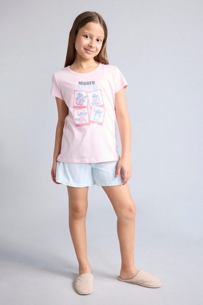 %100 Pamuk Lilo & Stitch Relaxed Fit 2'Li Pijama Takım Kız Çocuk
