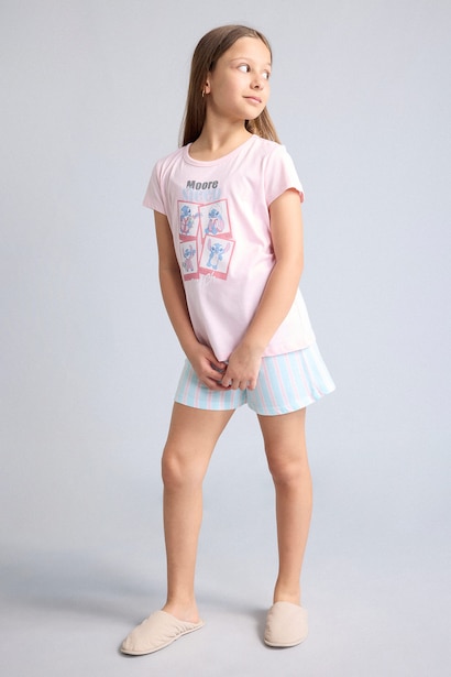 %100 Pamuk Lilo & Stitch Relaxed Fit 2'Li Pijama Takım Kız Çocuk