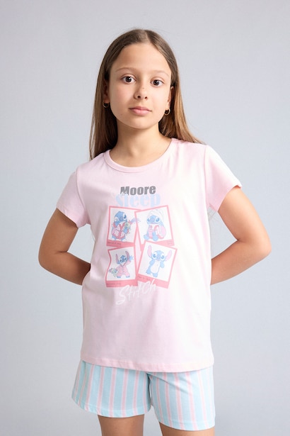 %100 Pamuk Lilo & Stitch Relaxed Fit 2'Li Pijama Takım Kız Çocuk