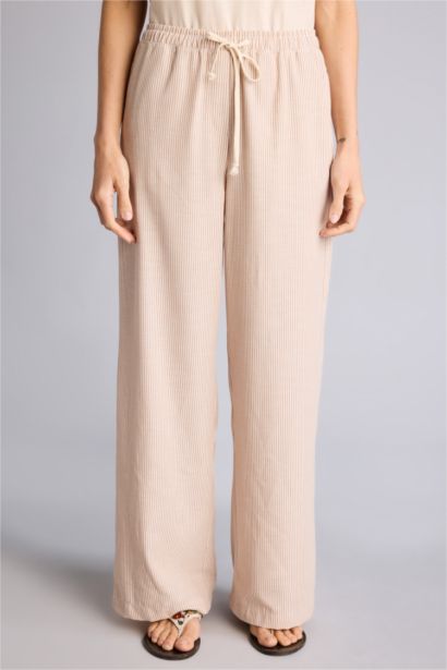 Regular Fıt Yüksek Bel Geniş Paça Oxford Pantolon