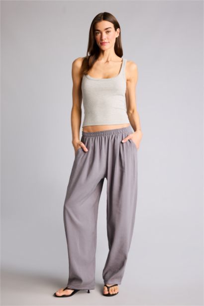 Regular Fıt Yüksek Bel Keten Görünümlü Pantolon