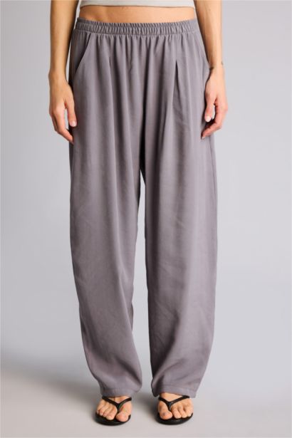 Regular Fıt Yüksek Bel Keten Görünümlü Pantolon