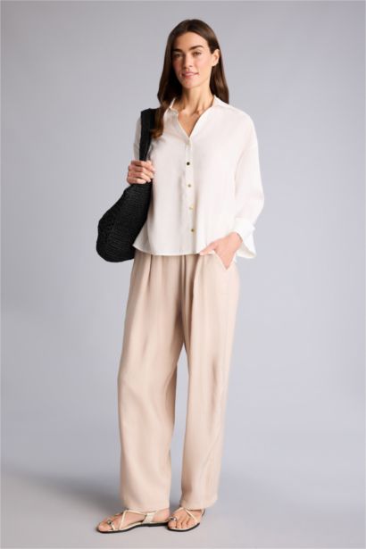 Regular Fıt Yüksek Bel Keten Görünümlü Pantolon