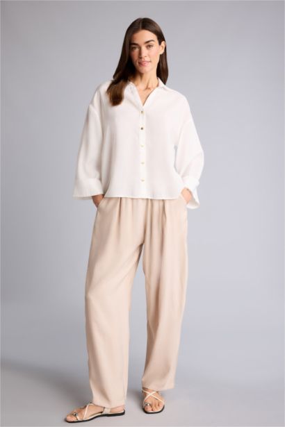 Regular Fıt Yüksek Bel Keten Görünümlü Pantolon