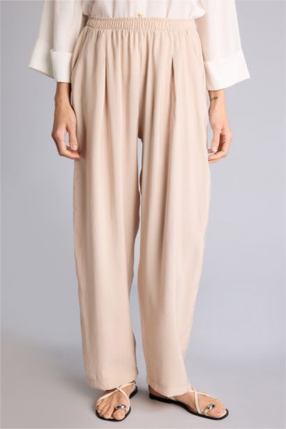 Regular Fıt Yüksek Bel Keten Görünümlü Pantolon