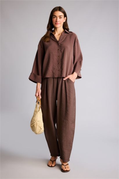 Regular Fıt Yüksek Bel Düz Paça Keten Görünümlü Pantolon