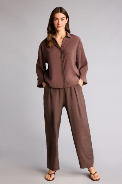 Regular Fıt Yüksek Bel Düz Paça Keten Görünümlü Pantolon