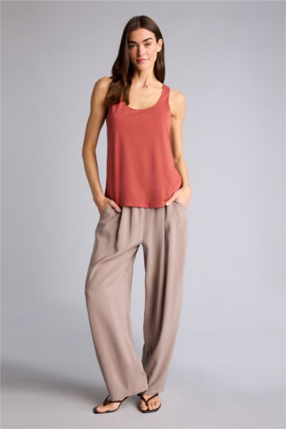 Yüksek Bel Keten Görünümlü Pantolon