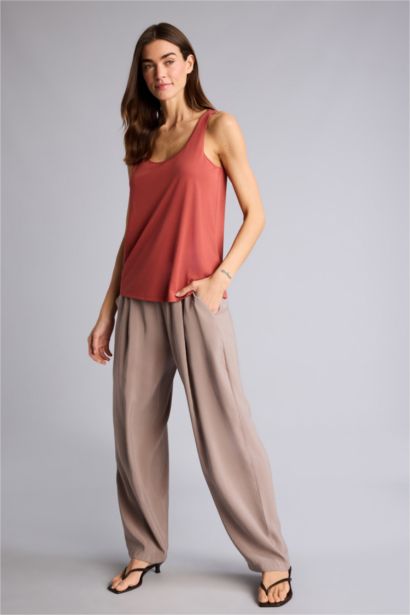 Yüksek Bel Keten Görünümlü Pantolon