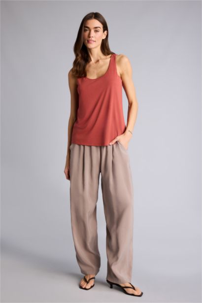 Yüksek Bel Keten Görünümlü Pantolon