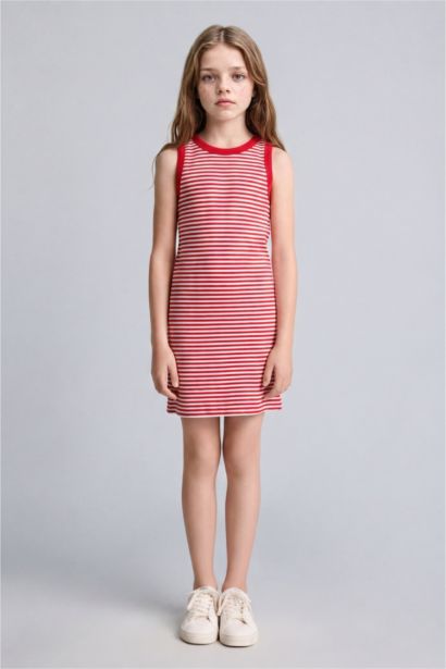 Robe rouge rayée sans manches à col rond pour fille