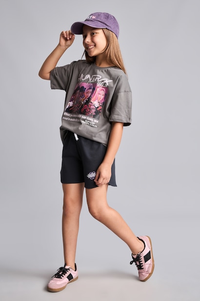 Short anthracite K-Pop à taille élastique pour fille