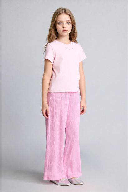 Girl Culotte Wrinkled Textured Pink Trousers