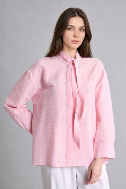 Regular Fit Uzun Kollu Kırışık Dokulu Çizgili Tunik