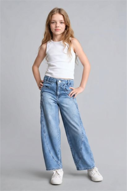 %100 Pamuk Wide Leg Jean Pantolon Kız Çocuk